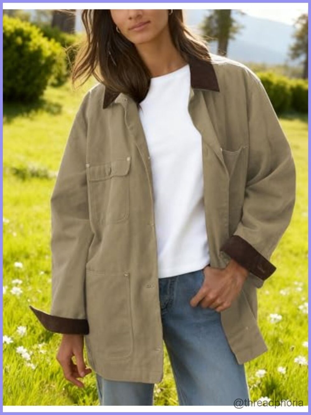 Oversized Utility Cotton Coat Corduroy Collar Barn Jacket with Pockets - Picture 3 of 5